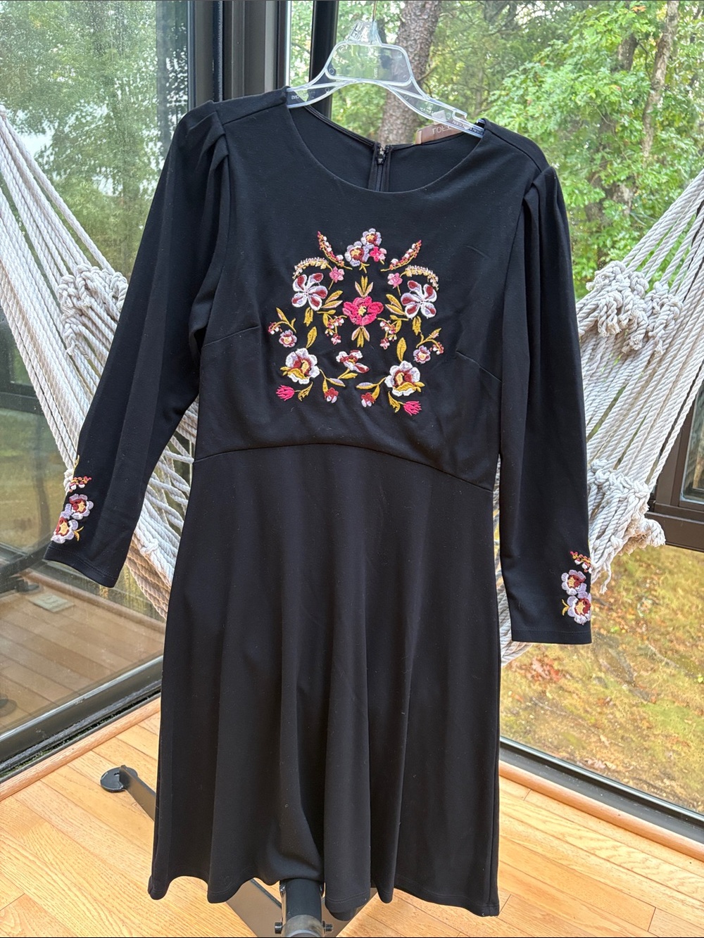 LOFT Black Long-Sleeve Dress with Floral Embroidery